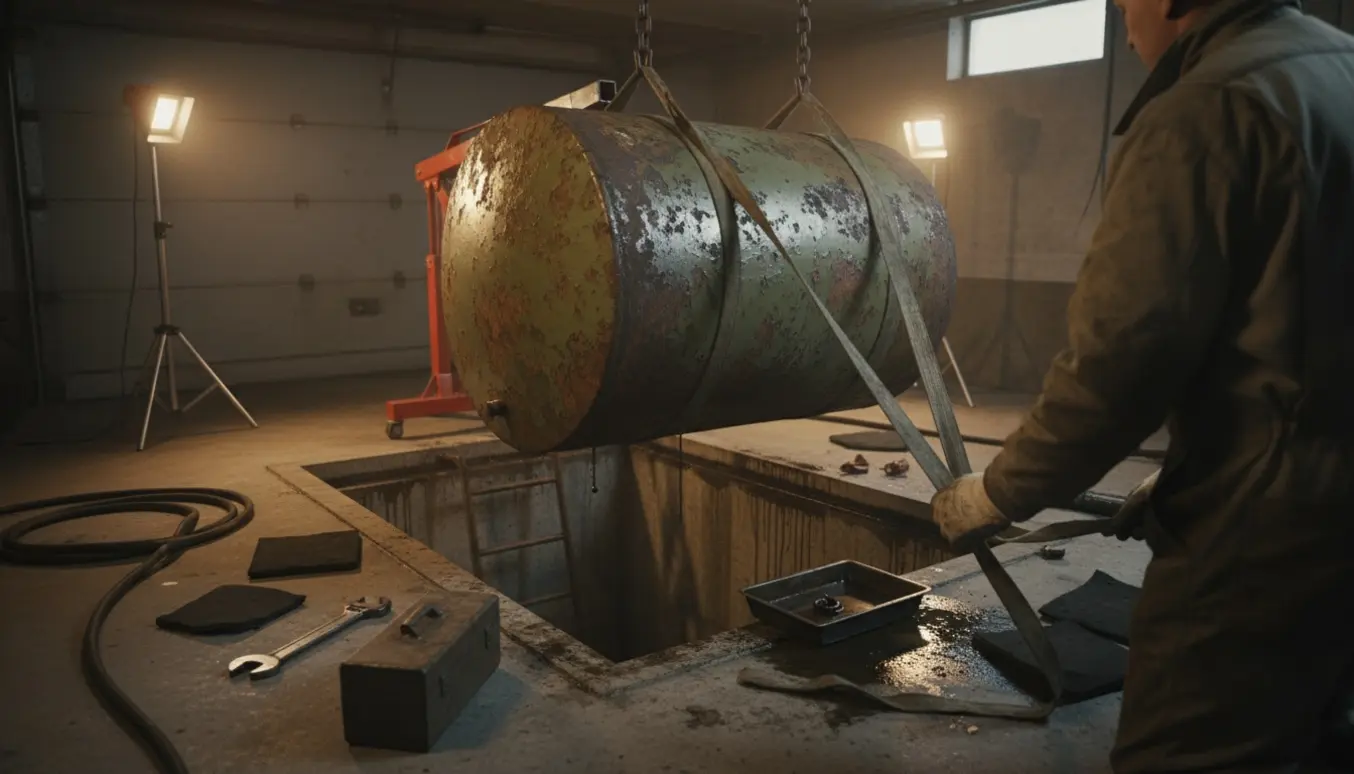 Rustent olietank løftes ud af garagekælder med spil, omgivet af handsker, værktøj, oliepletter og opsamlingsudstyr.