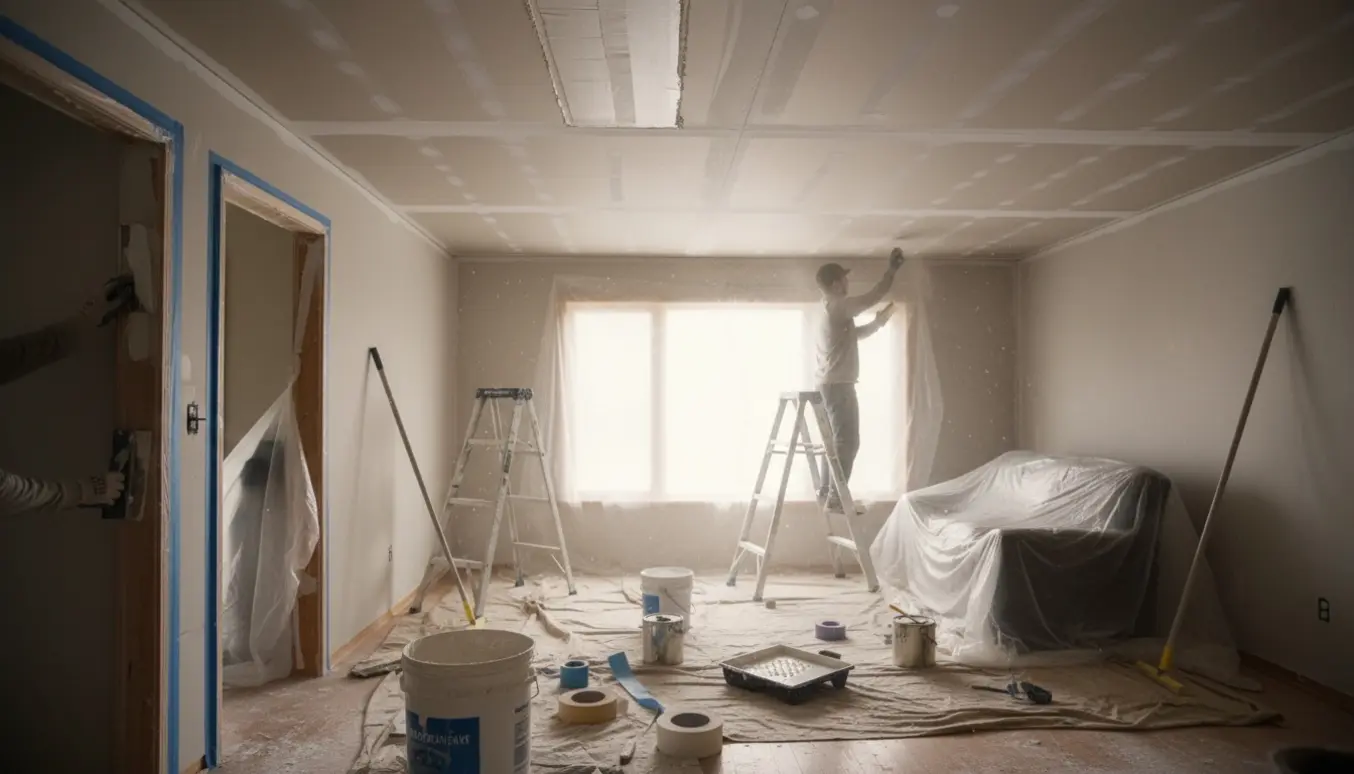 Rum i et énplans hus med nye gipslofter under spartling og maling, værktøj og beskyttelsesplast.