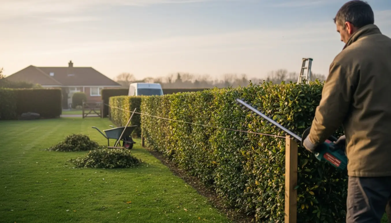 Havemand trimmer en lang ligusterhæk til ensartet højde i en solbelyst forhave, kun hænder og ryg er synlige.