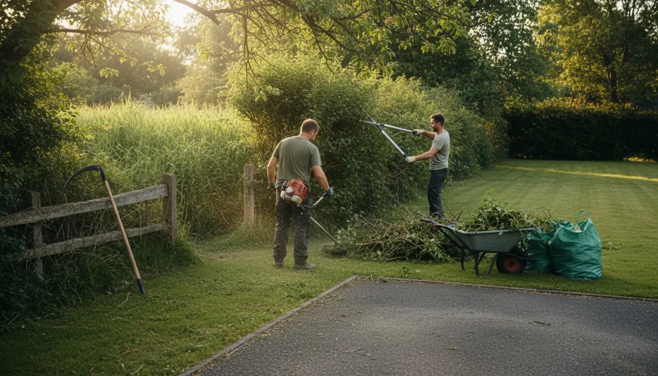 En overgroet have hvor græs klippes med en buskrydder og beskårne grene er samlet ved vejen.