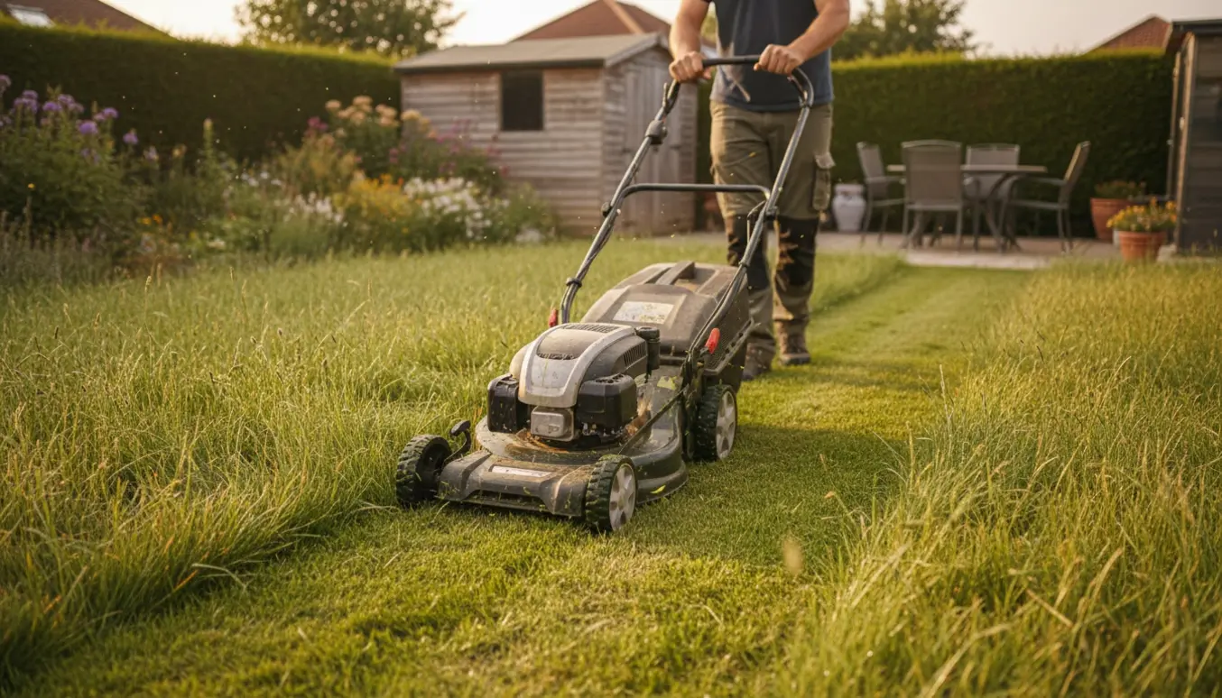 Plæneklipper skærer en tydelig stribe gennem langt græs i en mellemstor have i gyldent eftermiddagslys.