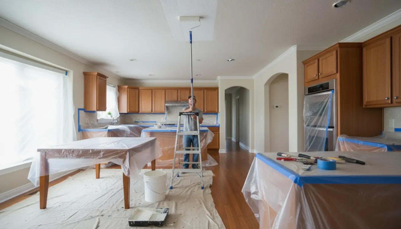 Malerrulle på forlængerskaft påfører frisk maling på loftet i et køkkenalrum med afdækkede overflader og en stige i baggrunden.