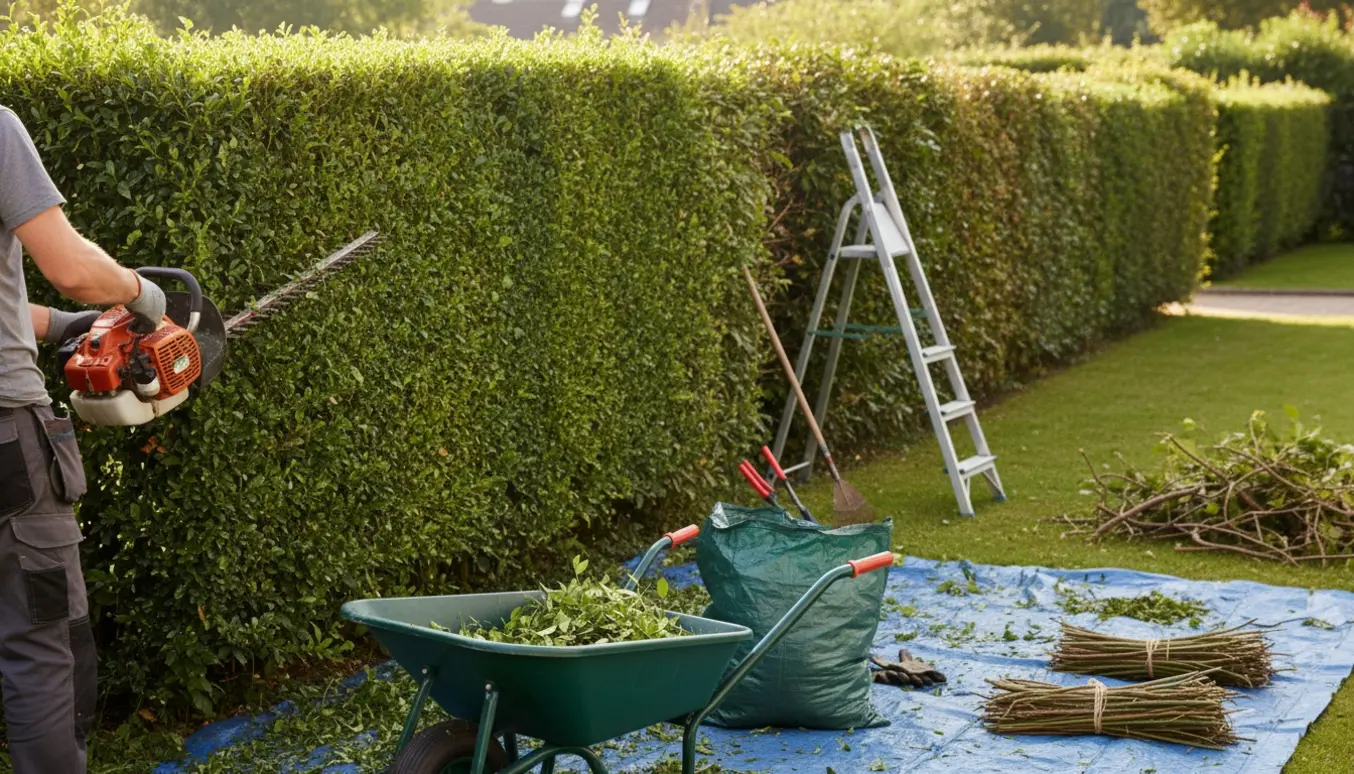 Lang ligusterhæk i en have, hvor hækken bliver klippet og afklip samles i en trillebør.