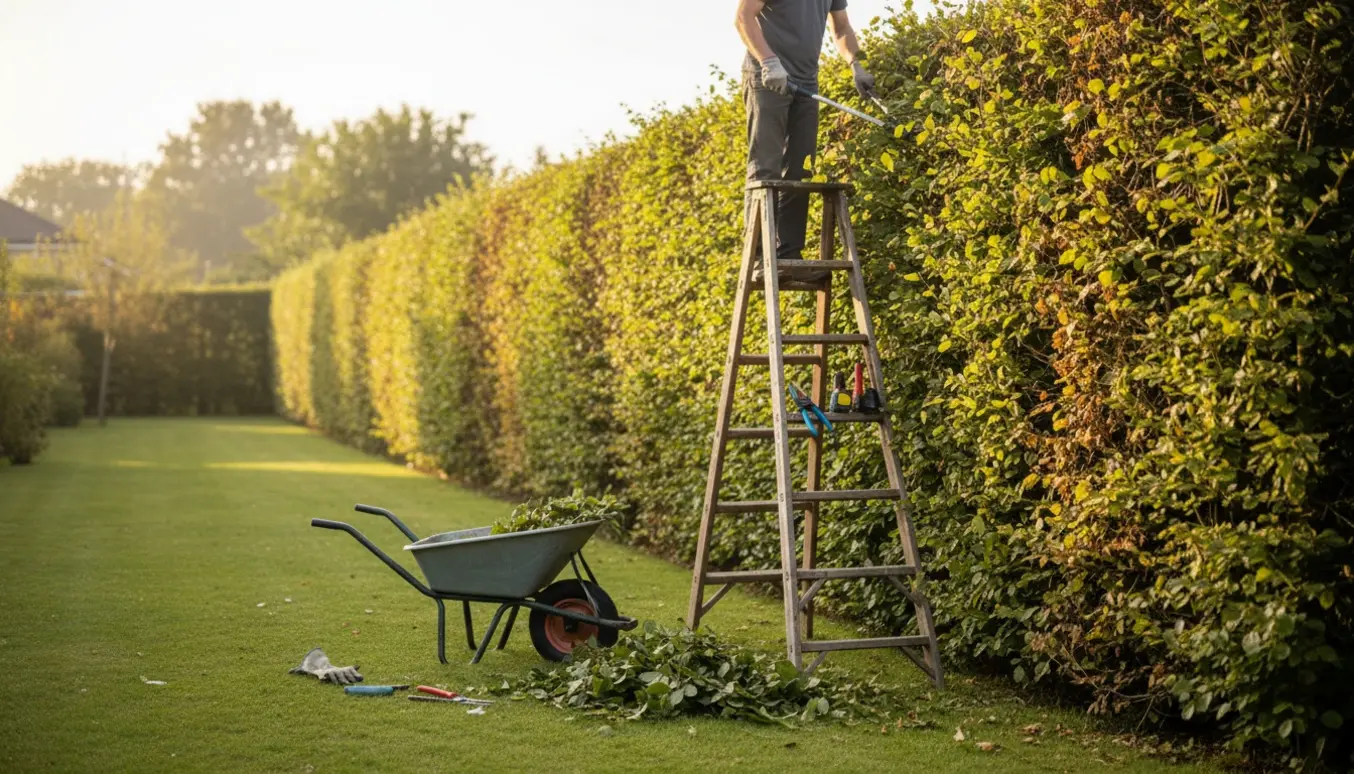 Person på stige klipper en cirka 30 meter lang bøgehæk med håndsakse og værktøj i forgrunden.