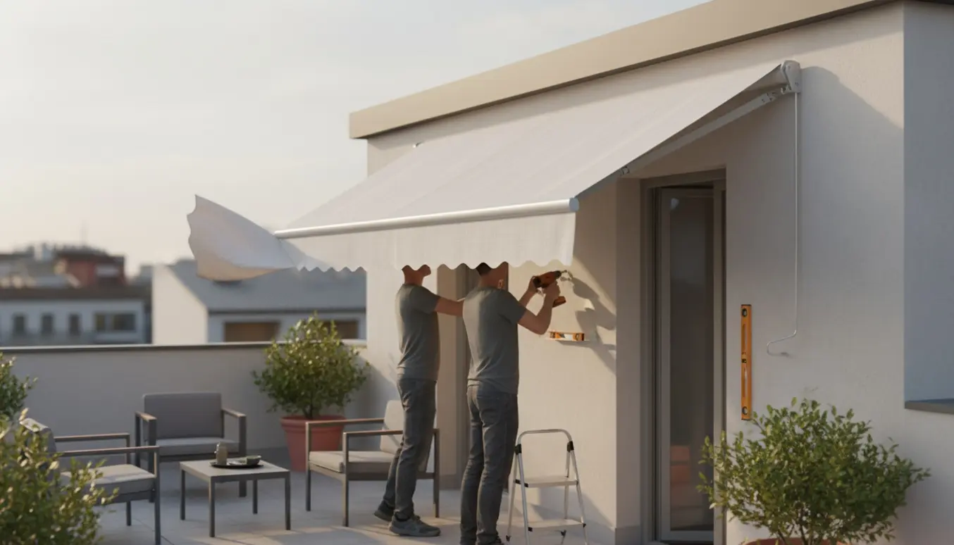 To personer monterer en stor markise på en tagterrasse mod en glat pudset væg, med åben dør til lejligheden.