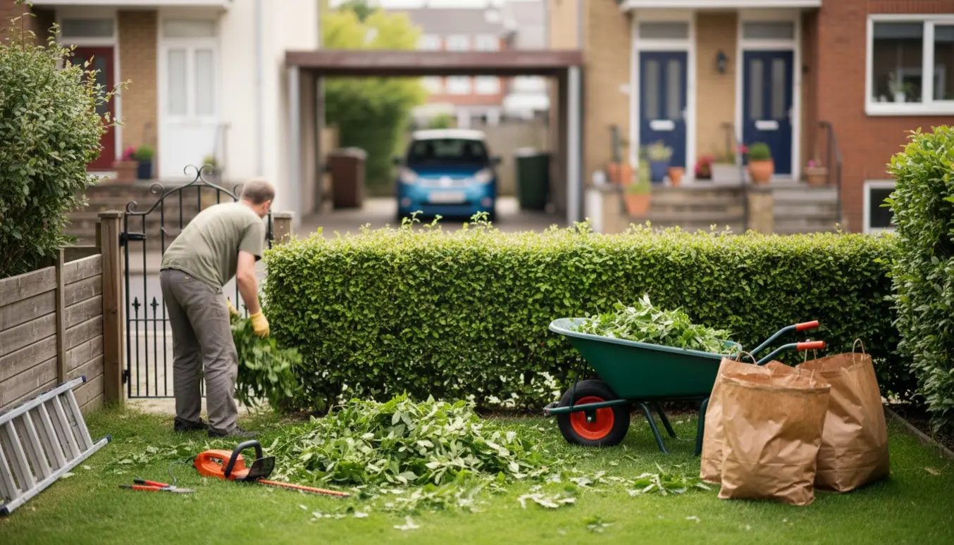 Nyklippet hæk i en rækkehushave med trillebør fyldt med afklip og carport i baggrunden.