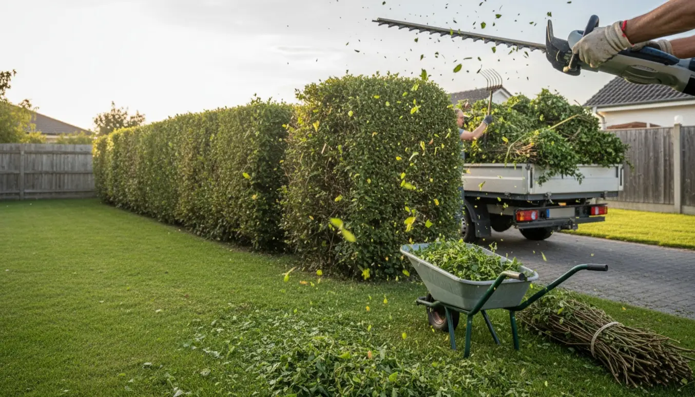 En lang hæk bliver professionelt klippet med trimmer, trillebør fuld af afklip og en varevogn klar til bortkørsel af affald.