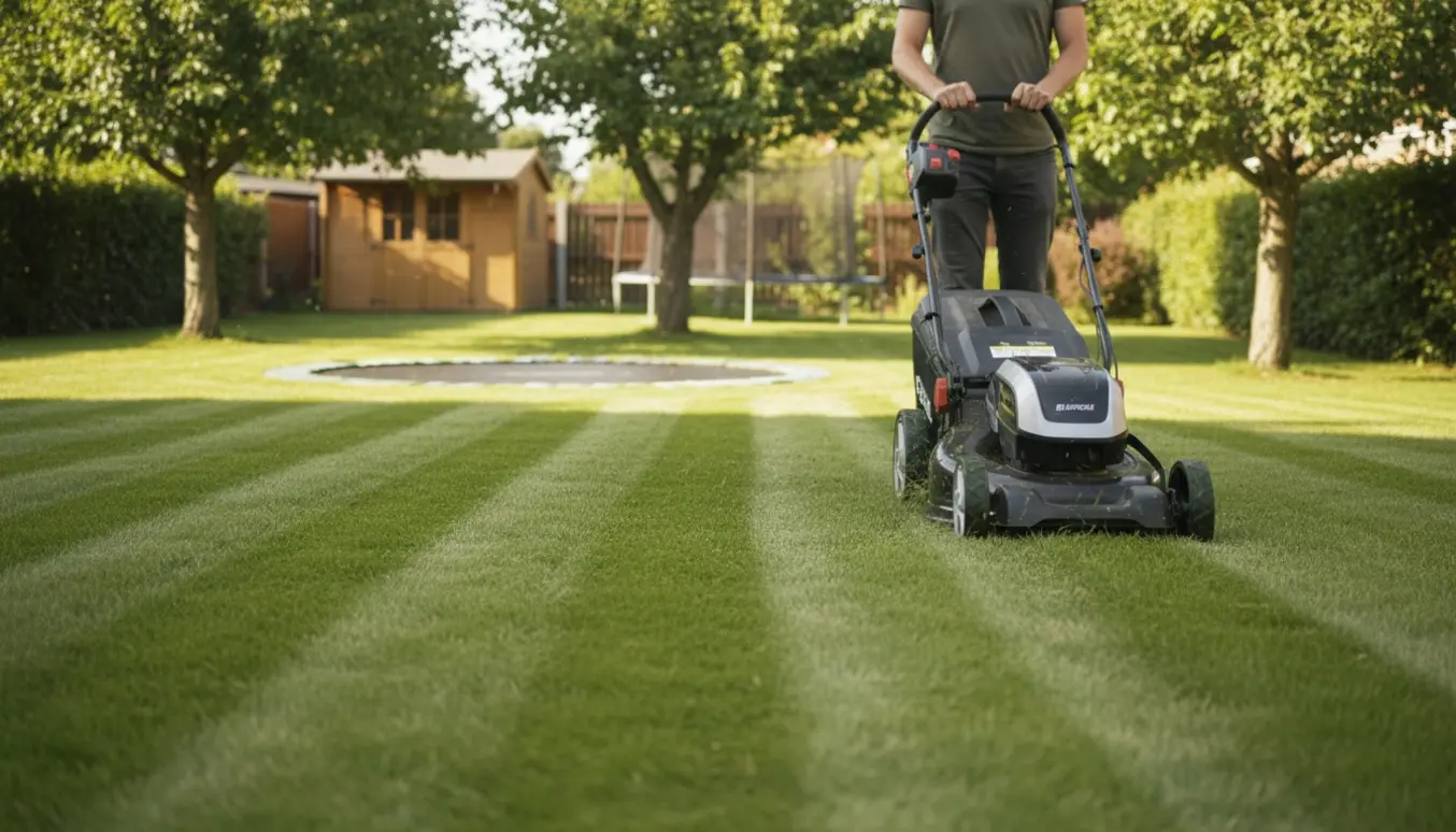 En græsslåmaskine laver stribeformet græs på en sommerplæne med tre træer, et shelter og en nedgravet trampolin.