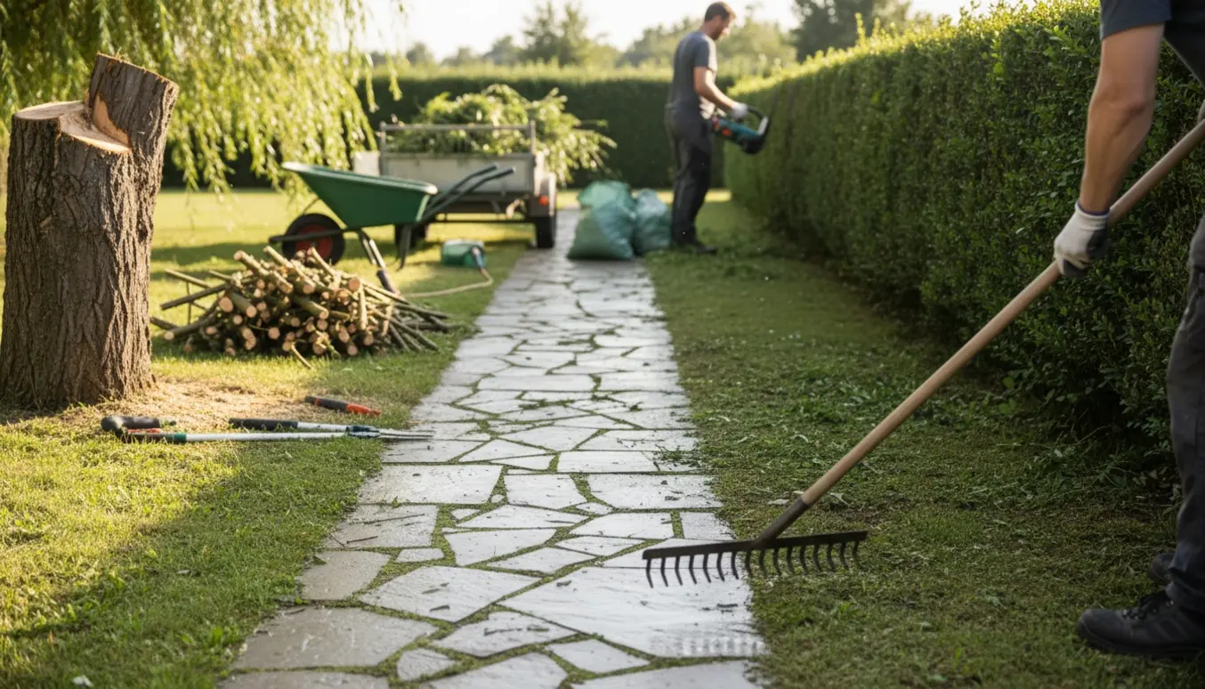 Havearbejde med rensning af flisegang, hækklipning, fældet pilebusk og bortkørsel af grønt affald.
