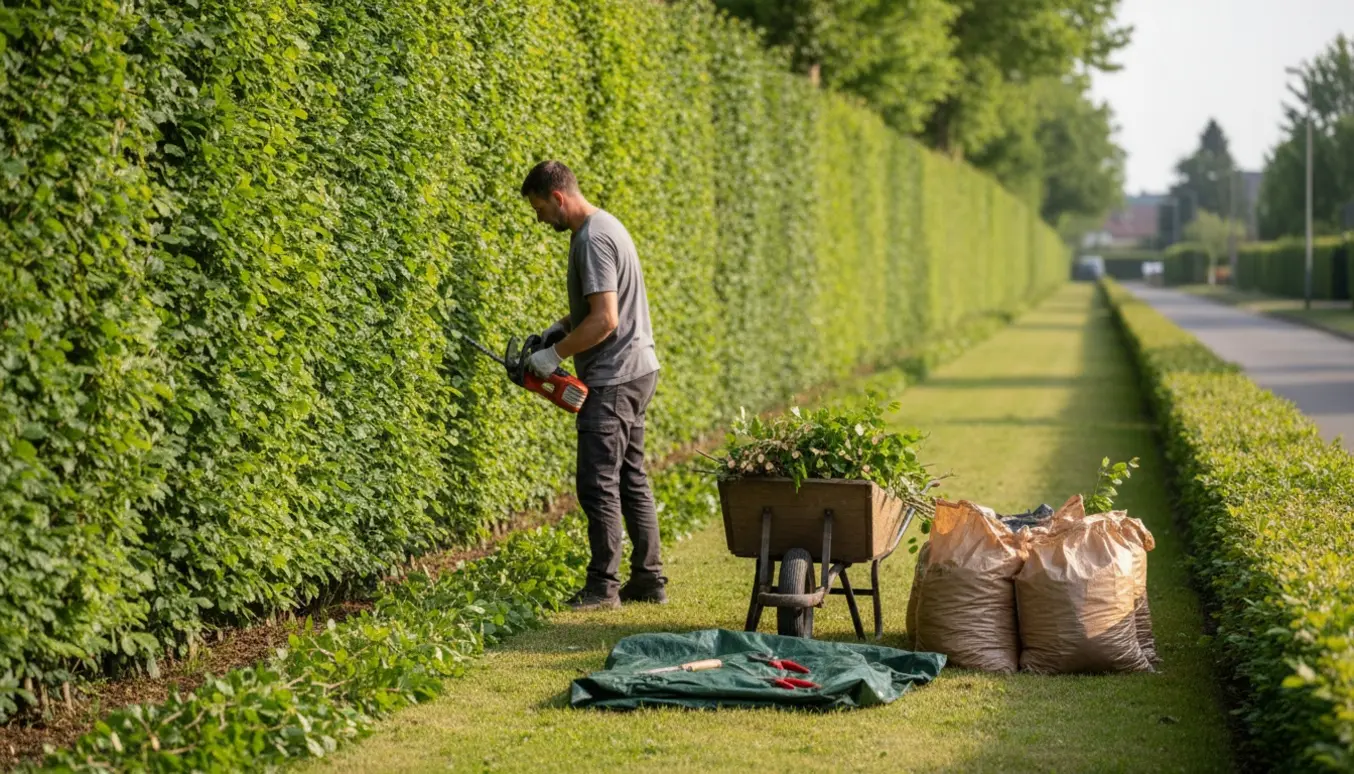 Solbelyst scene med en lang bøgehæk, en person med hækkeklipper og bunker af afklip klar til bortskaffelse.
