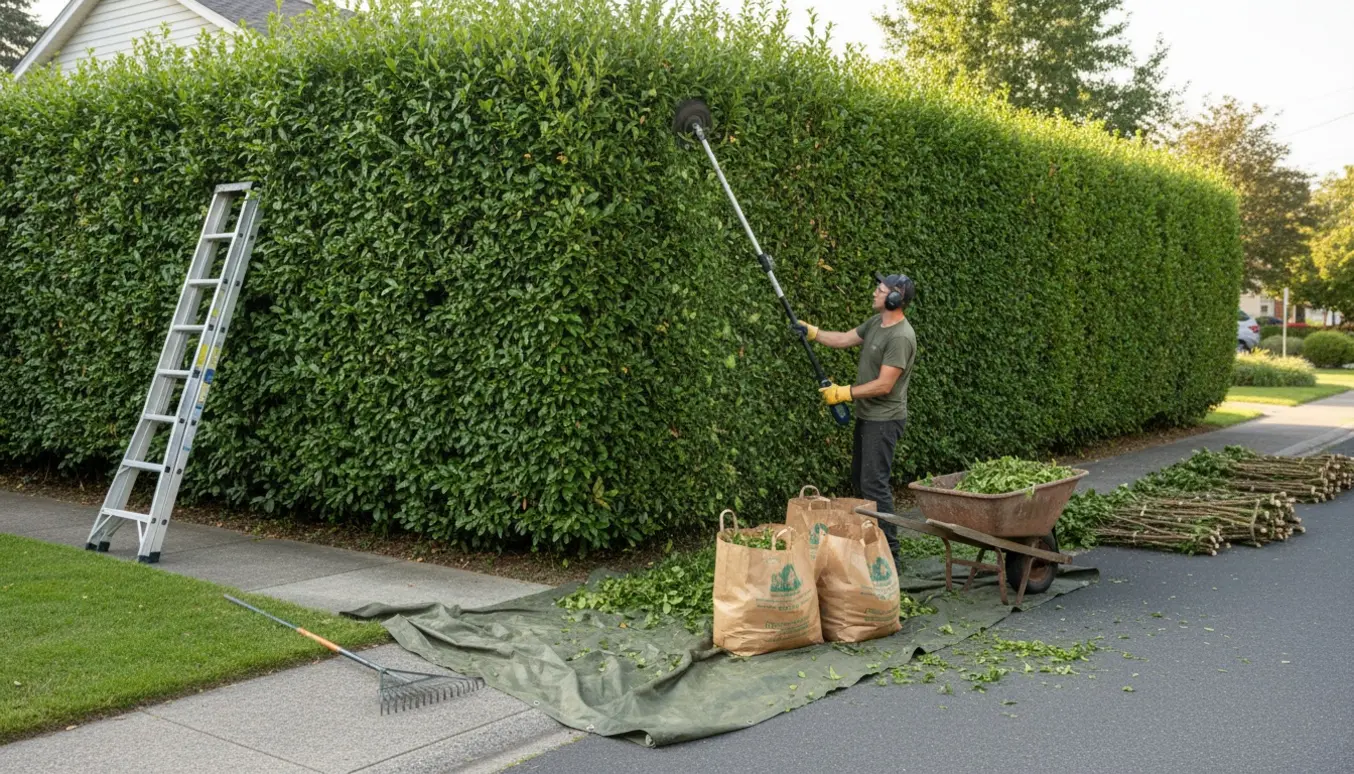 Havemand klipper en høj hæk på hjørnegrund med trimmer, stige og opsamlede afklip i sække.