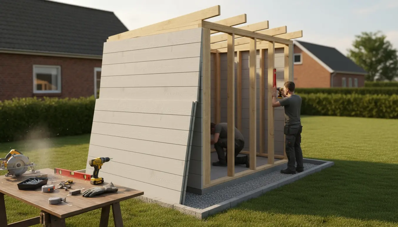 Redskabsskur under opbygning i en solrig dansk have med Hardieplank-paneler og værktøj i forgrunden.