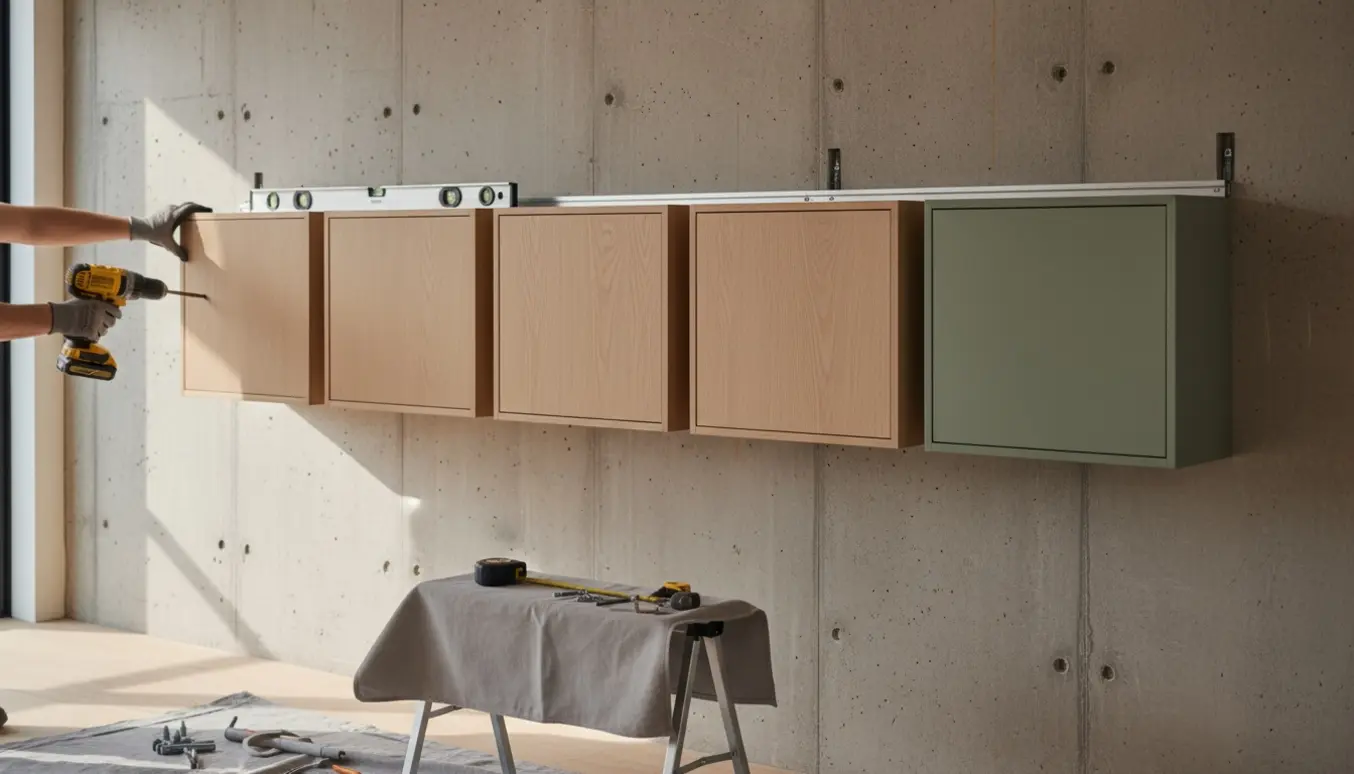 Fire væghængte modulskabe monteres på en rå betonvæg med værktøj og en boremaskine i brug.