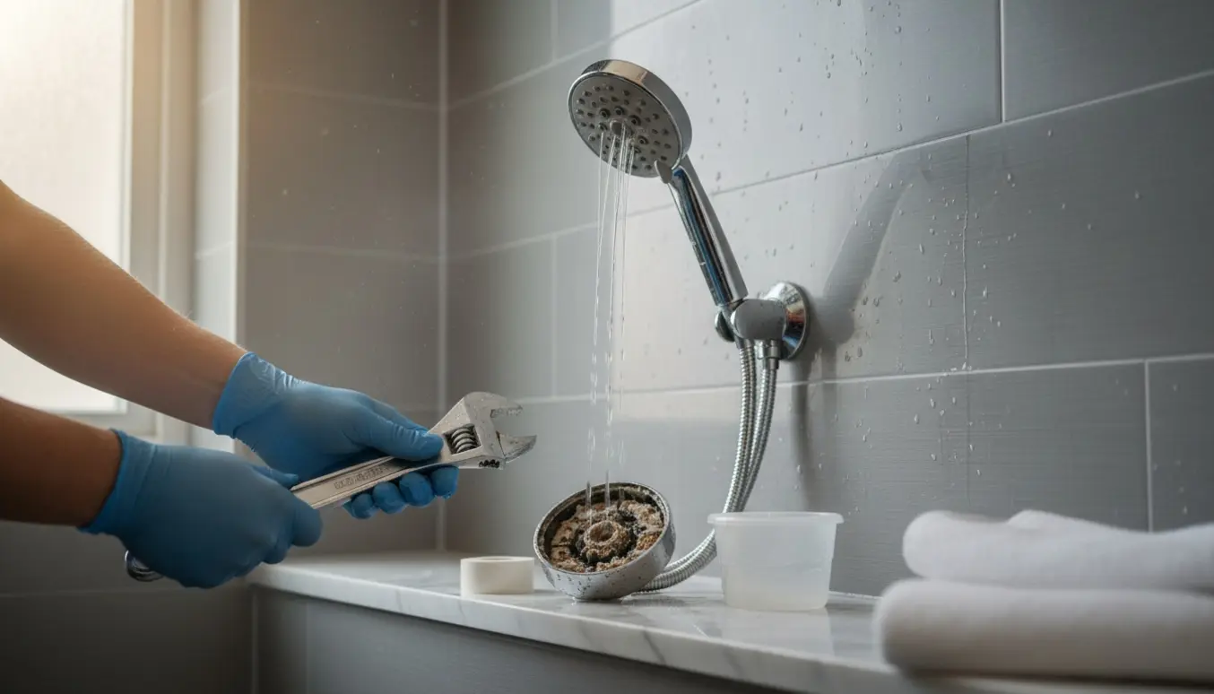 Svag vandstråle fra et bruserhoved med kalkaflejringer, mens en hånd løsner bruserhovedet.