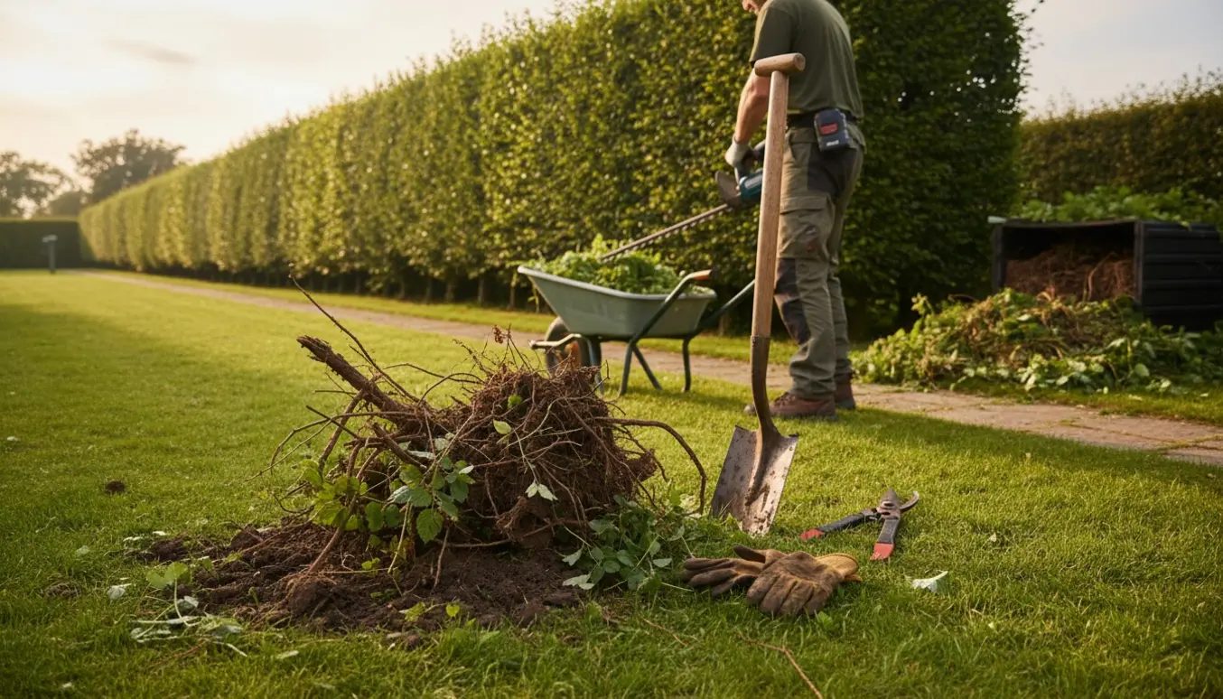 Lang hæk bliver klippet og brombærbuske graves op med spade og kompostbunke i baggrunden.