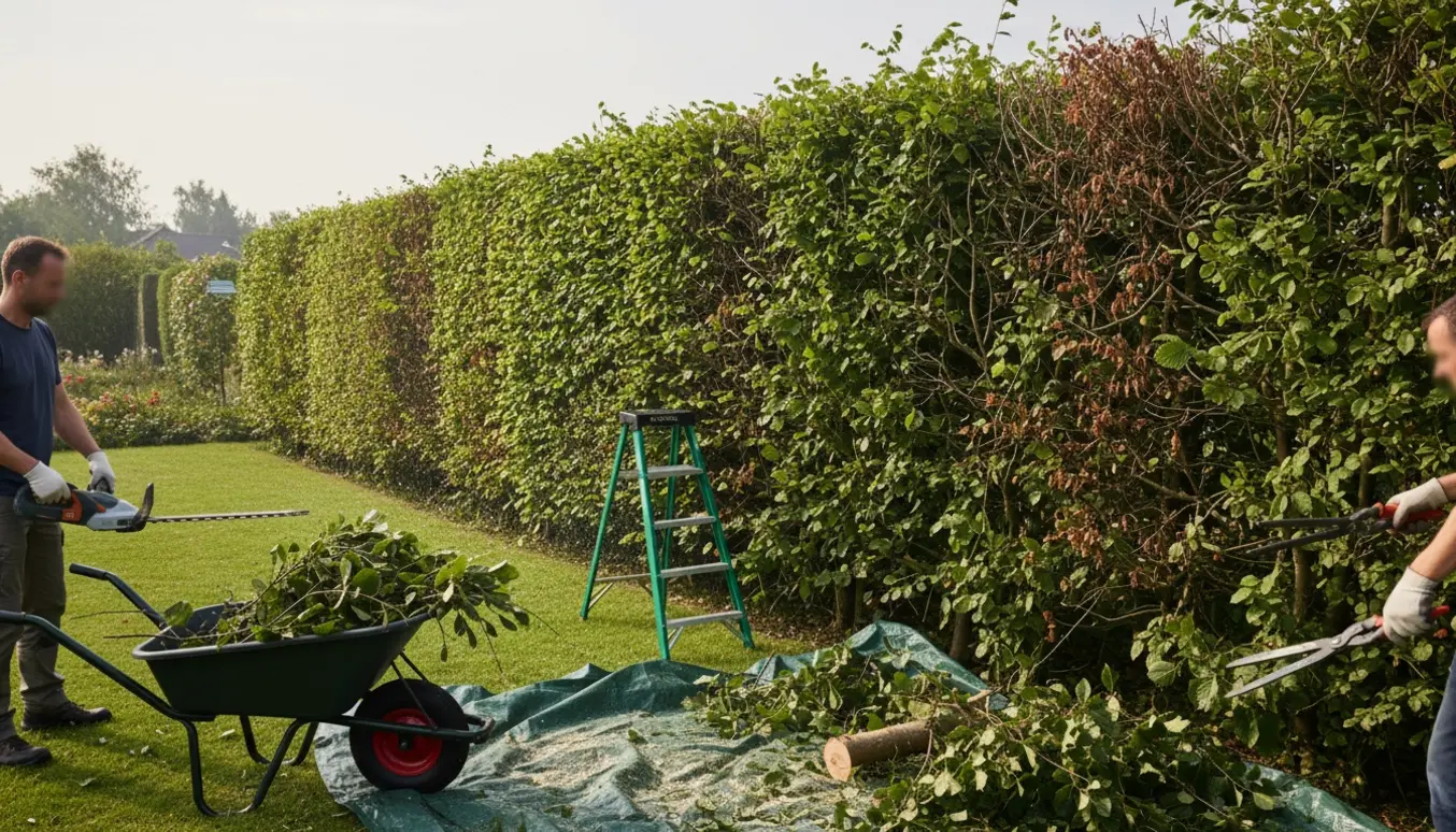 En person trimmer et langt nøddehegn med motorhækkeklipper, mens afklippede grene samles i en trillebør.
