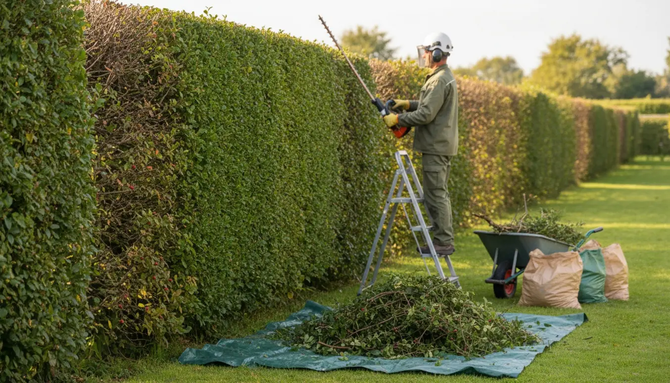En person trimmer en lang tjørnehæk på cirka 2 m højde med nyklippede flader og bunker af hækaffald på en presenning.