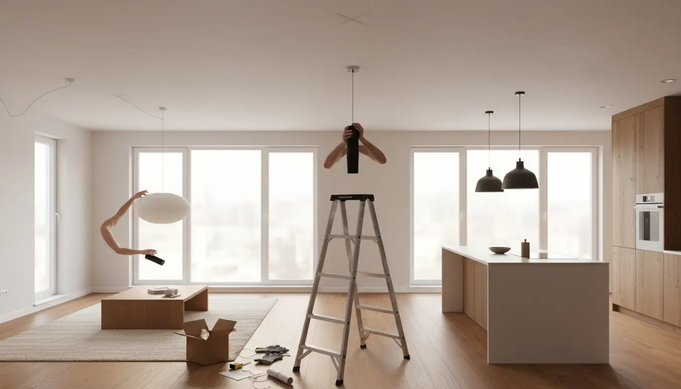 Åben lejlighed hvor to loftlamper flyttes mellem køkken og stue, og en lampe justeres over sofabordet.