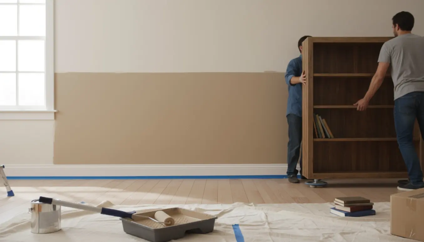 Delvist malet væg i en stue, mens en reol skubbes væk af personer med vendte ansigter.