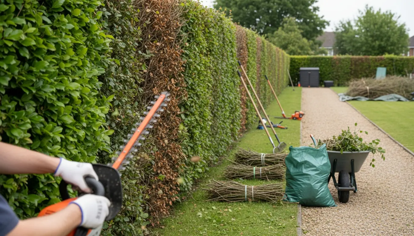 Lang, 2 m høj hæk delvist nyklippet med bunke af afklip og haveredskaber klar til bortskaffelse.
