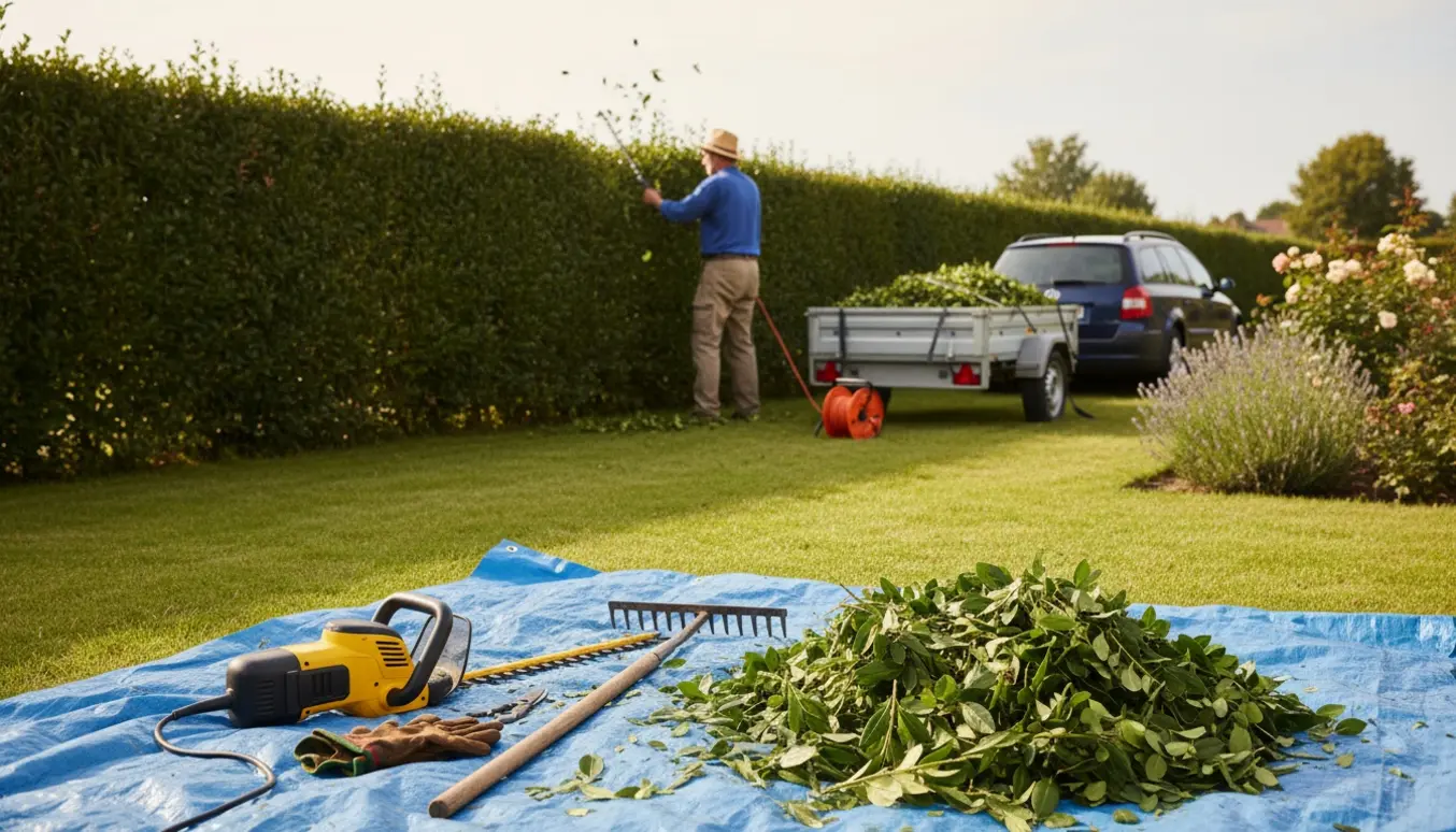En person trimmer en hæk med en elektrisk hækklipper, samler afklip og laster dem i en trailer.