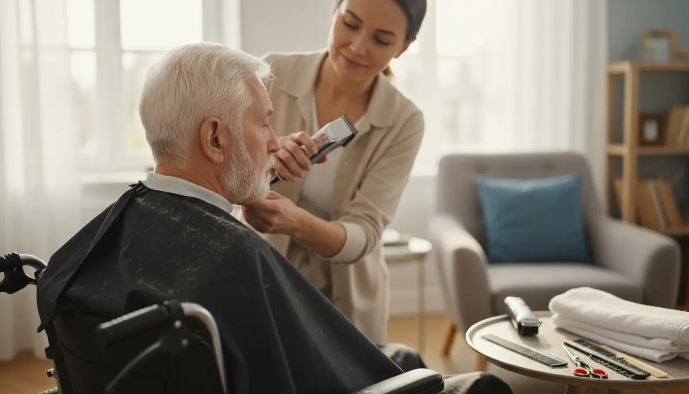 Ældre mand i kørestol får kort hårklip og skægtrimning af en omsorgsfuld hjælper.