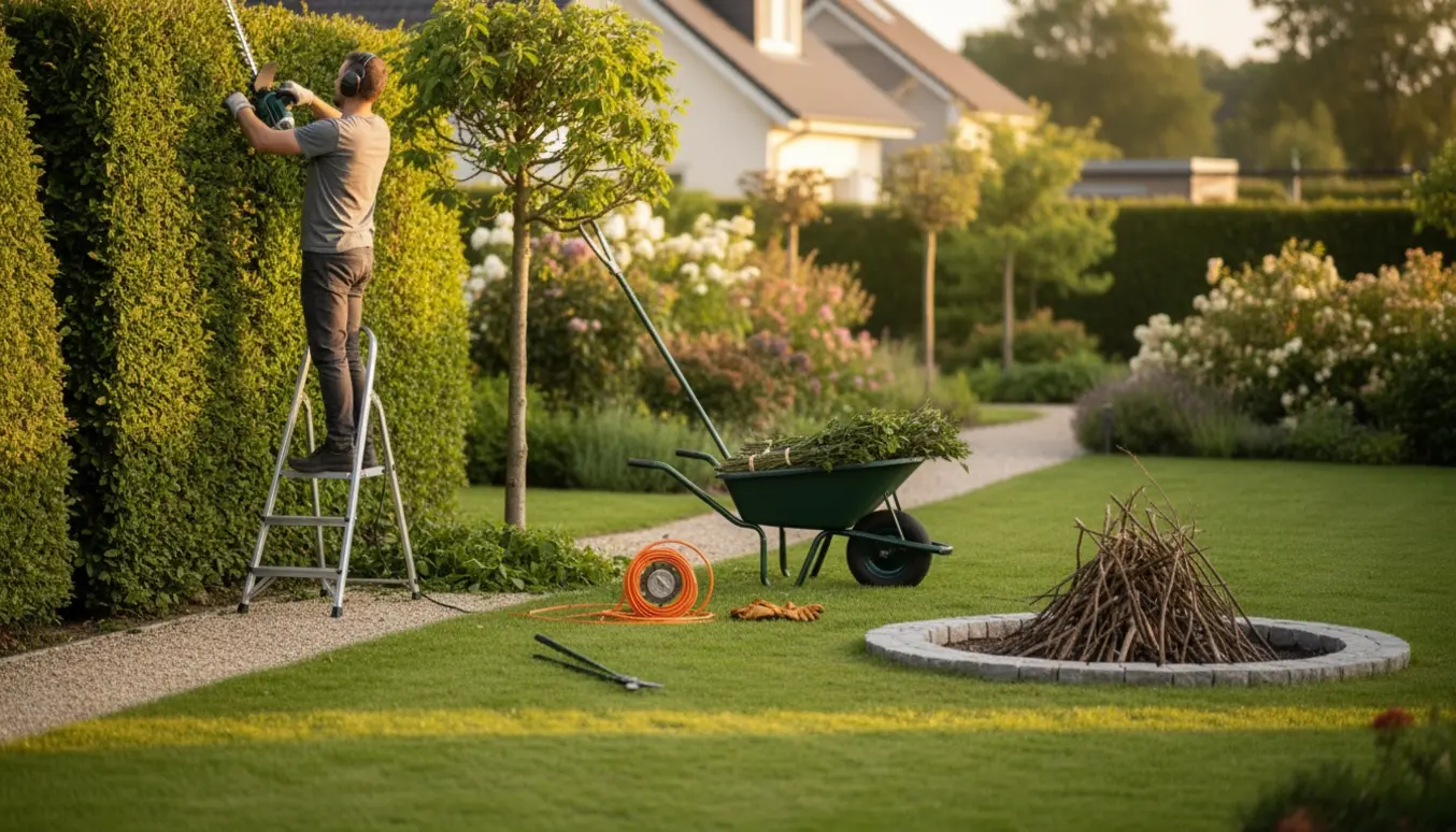 Person trimmer hække og buske med værktøj og bunke af beskårne grene ved en bålplads.