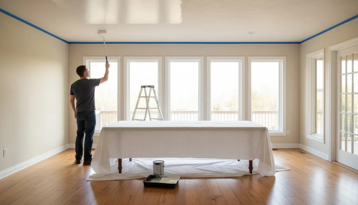 Et køkken-alrum hvor loftet bliver malet hvidt, med afdækningsduge, stige og malerulle.