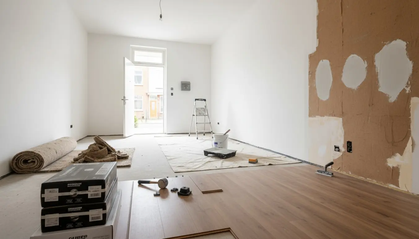 Tom lejlighed under renovering med malerudstyr, afmonteret tapet og nye vinylplanker ved lægning.