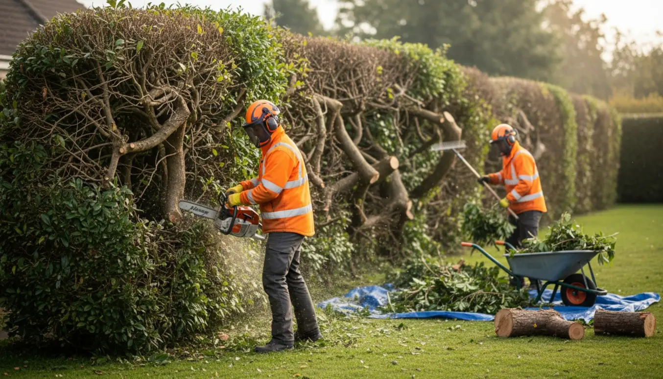 To personer i sikkerhedsudstyr klipper en lang, ujævn hæk med motorsav, mens en hjælper samler afklip i bunker.