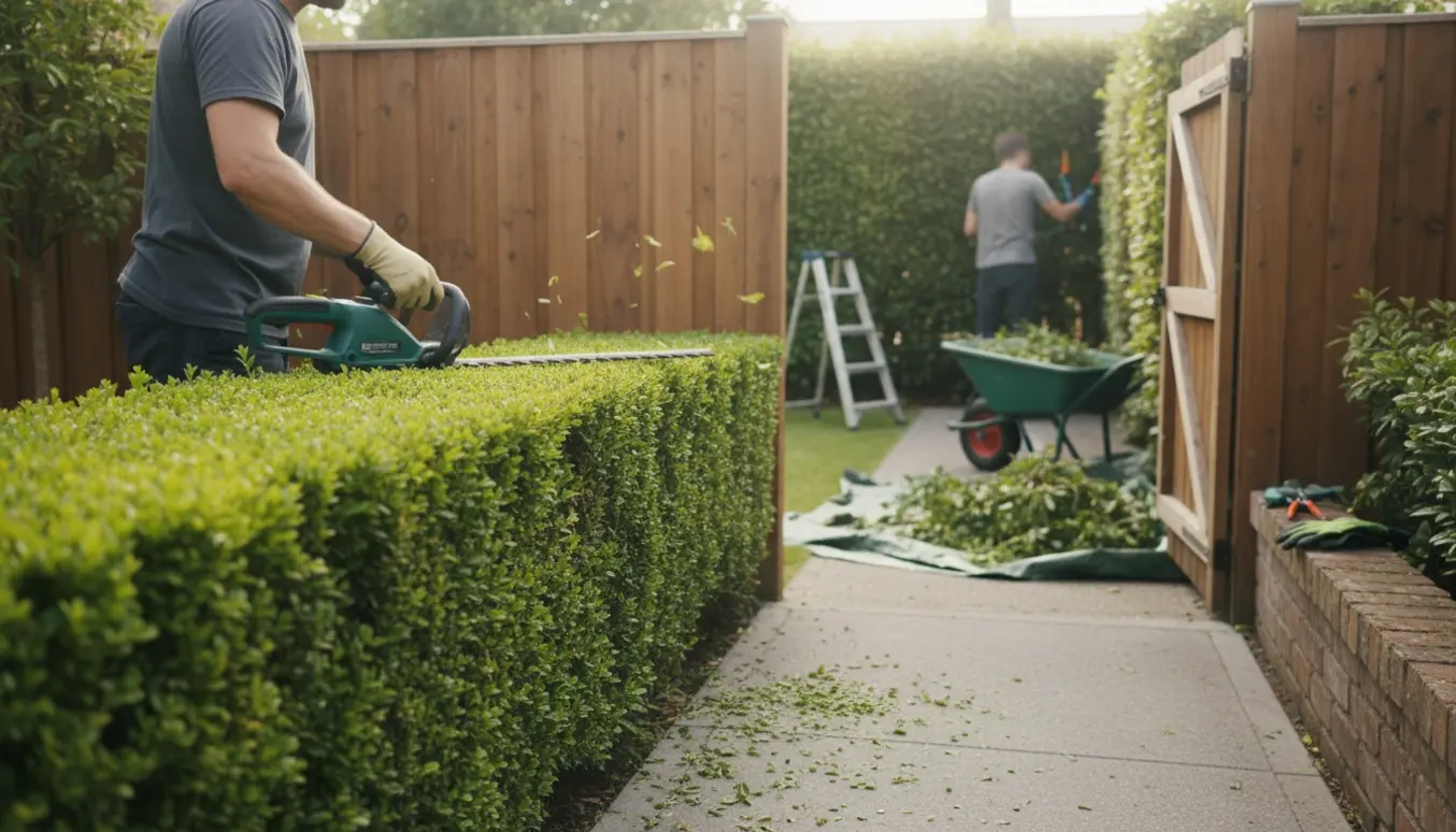 Tæt, realistisk foto af hækklipning i for- og baghave med haveredskaber og bunke af afklip.