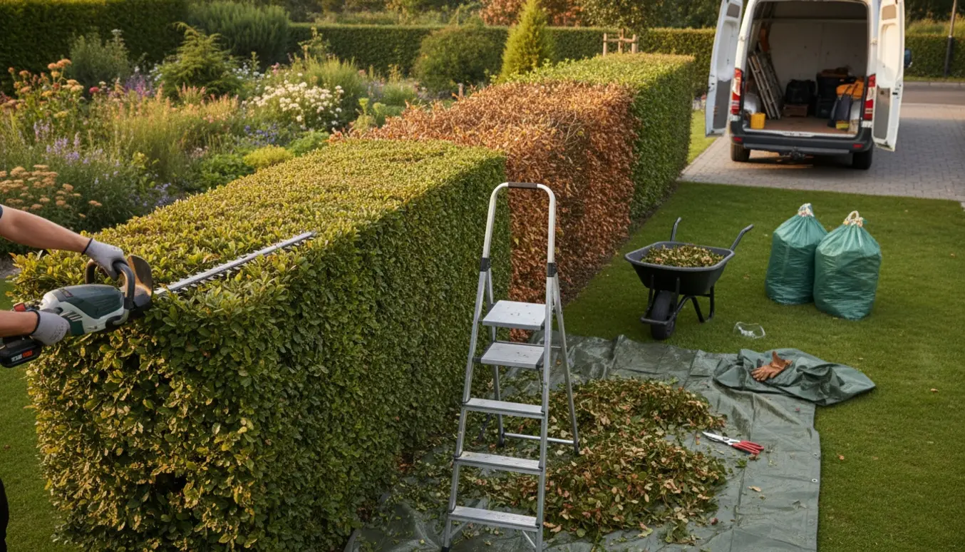 Nyklippet bøgehæk i have med redskaber, trillebør og varevogn klar til bortkørsel.
