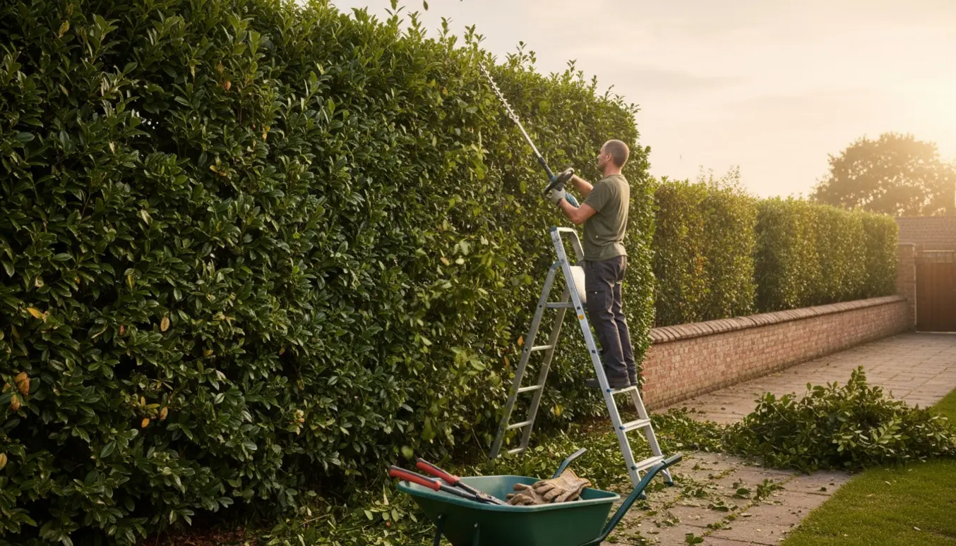 Person set bagfra trimmer toppen af en høj kirsebærlaurbærhæk fra nabosiden mens afklip samles i en trillebør.