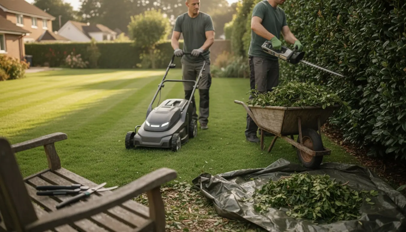 Havearbejde med græsslåning, hæk- og beskæringsværktøj i en ryddet forhave.