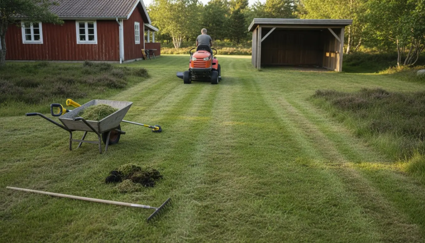 Græsslåmaskine klipper en ujævn sommerhusgrund med mos, nyslået græs og carport i baggrunden.