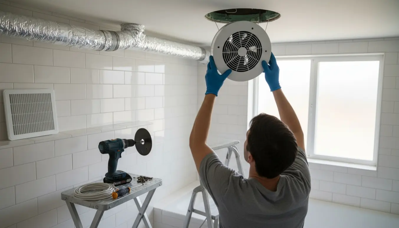 Installatør monterer en ventilator i loftet på et lyst badeværelse med værktøj og ventilationskanal synlig.