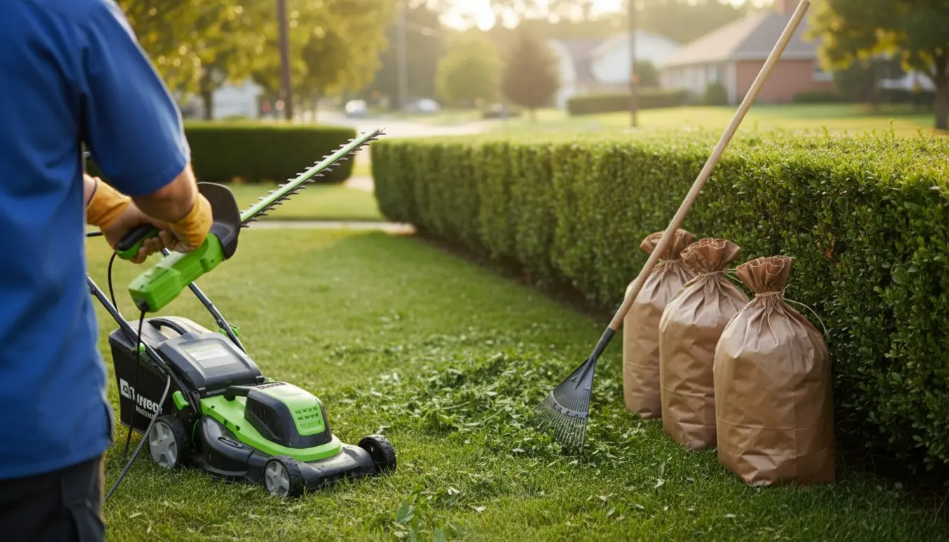 Nyslået græs og nysnittet hæk i en lille forhave med haveredskaber og fyldte affaldsposer klar til afhentning.