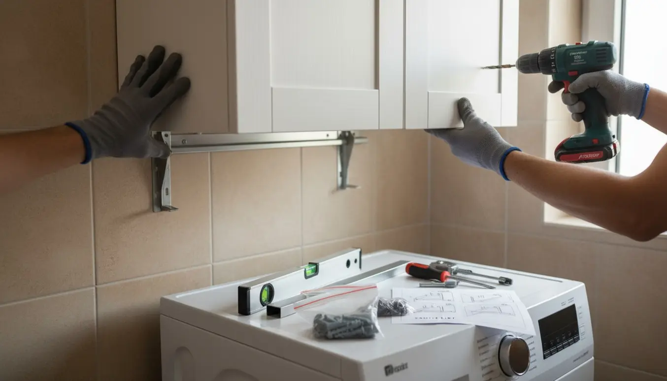 Et 60x60 toiletskab hænges op på en solid flisevæg over en vaskemaskine, med beslag og værktøj i fokus.