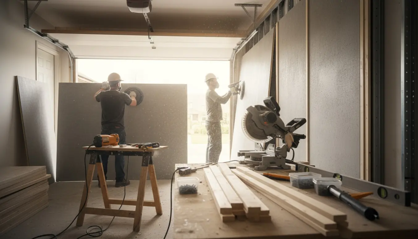 Garage under færdiggørelse med montering af store fibercementplader og trælister, håndværkere uden synlige ansigter.