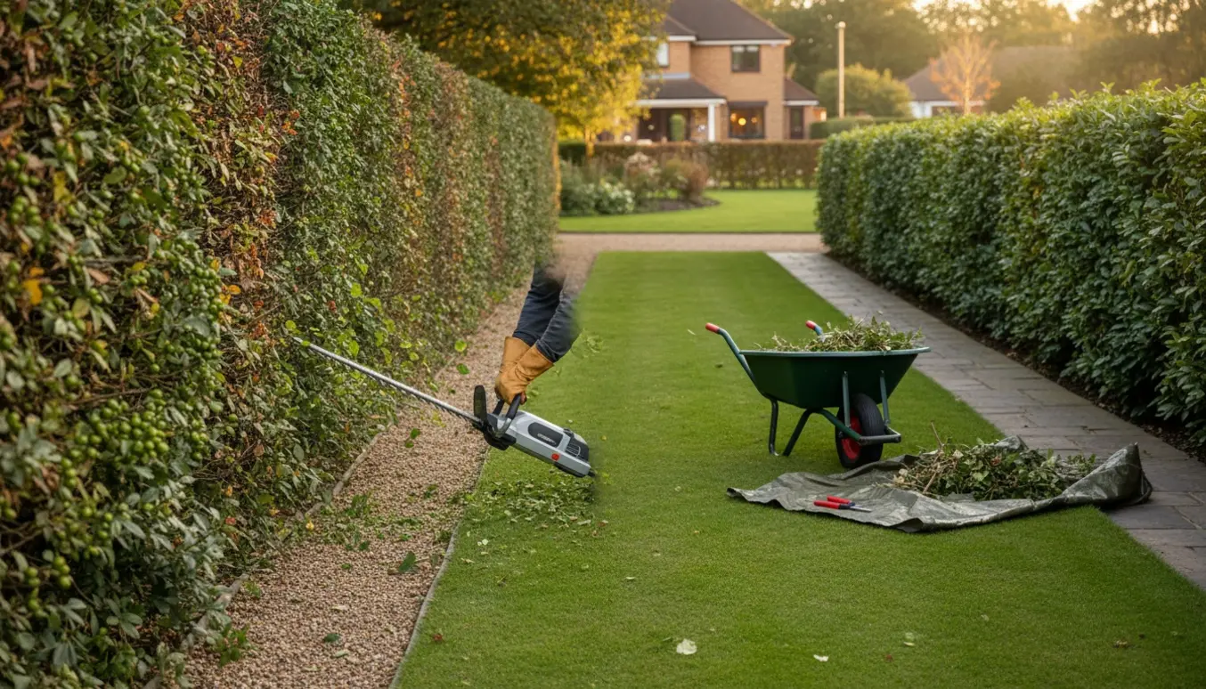 Hækklipning af tjørnehæk og bøgehæk med hækkeklipper, trillebør og bunker af afklip klar til fjernelse.