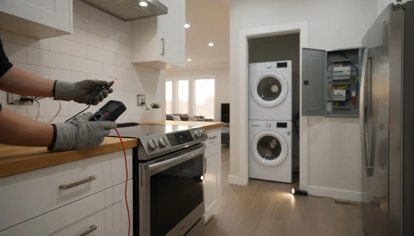 Nærbillede af hænder, der tester en stikkontakt i et køkken med ovn og vaskemaskine i baggrunden.