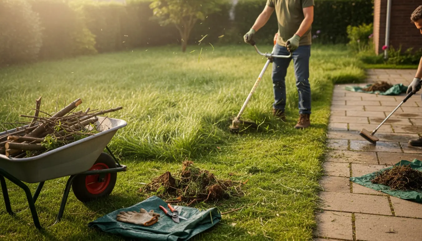 Haveredskaber og en trillebør med afklippede grene foran en person der slår højt græs, mens flisefuger renses.