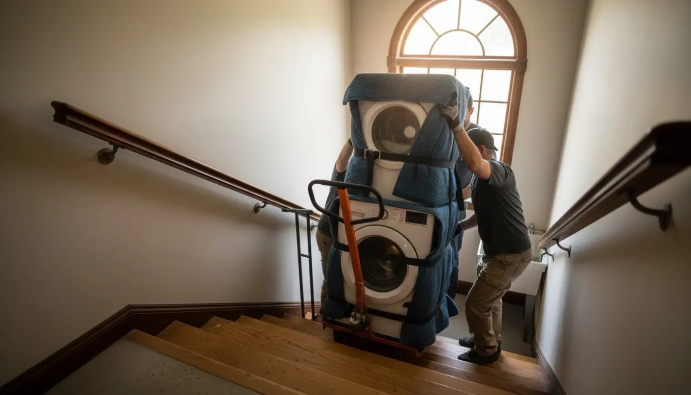 To personer flytter en vaskemaskine og opvaskemaskine ned ad en lang trappe mod kælderen med trillebør og bæreseler.