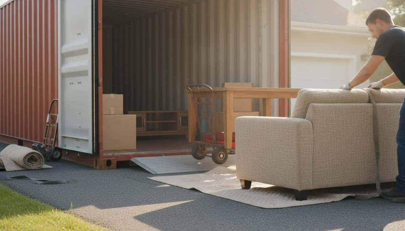 Delvist tømt 20 fods flyttecontainer på indkørsel med sofa og spisebord på flytteudstyr, personer med skjulte ansigter.