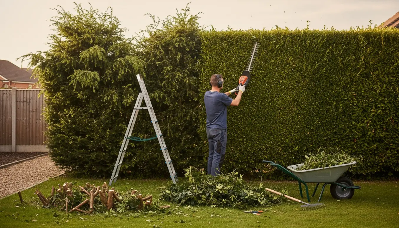 Person trimmer den ene side og toppen af en hæk i en solbelyst have med afklip samlet i en trillebør.