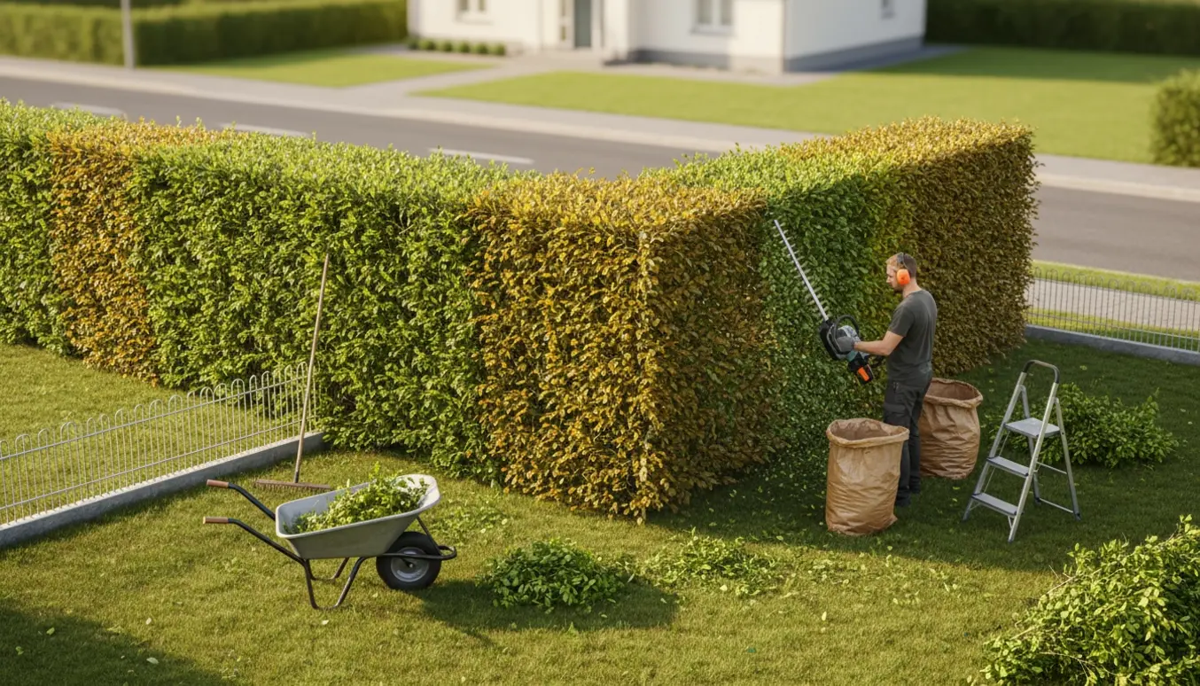 En bøgehæk på en hjørnegrund bliver klippet, med afklip samlet i trillebør og haveposer.