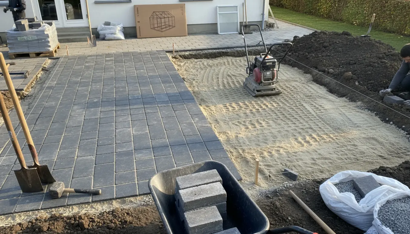 Haveområde med en nylagt herregårdsstens-terrasse ved siden af et udgravet areal med stabilgrus og værktøj, klar til drivhus.