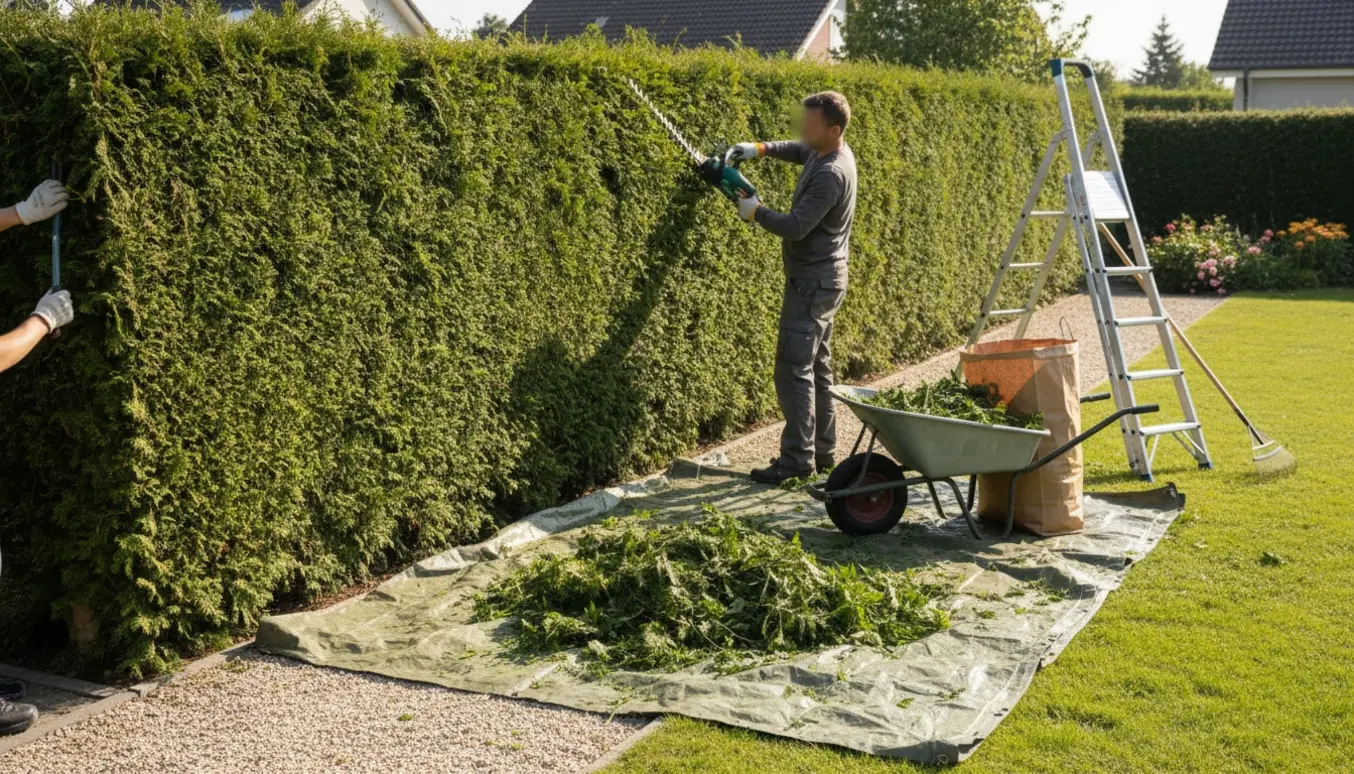 Håndværker trimmer en tæt havehæk, mens afklip samles i trillebør og poser.