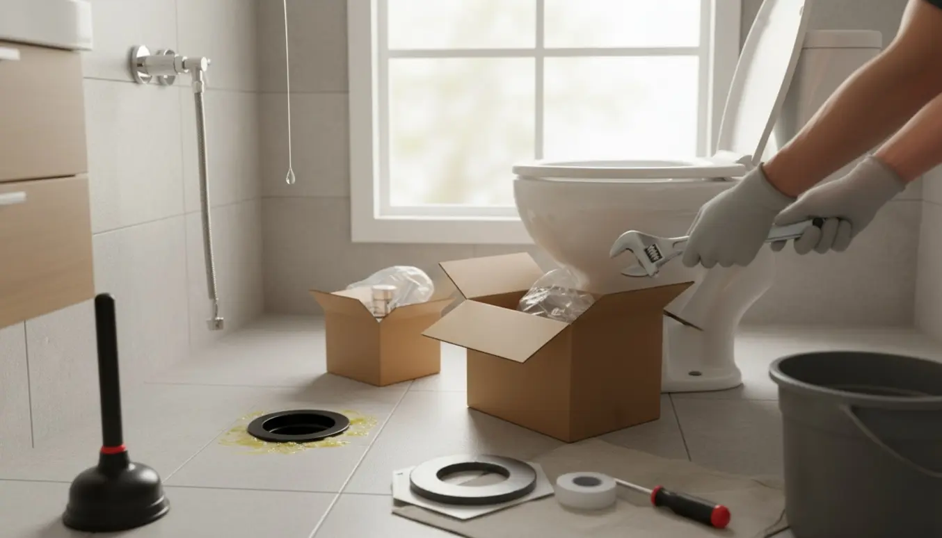 Et fjernet toilet med synlig flange og værktøj klar til udskiftning i et lyst badeværelse.