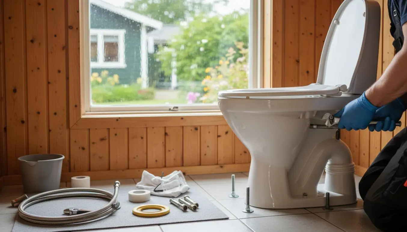 Håndværker udskifter toilet i en kolonihavehytte med nyt lavtforbrugstoilet og værktøj.